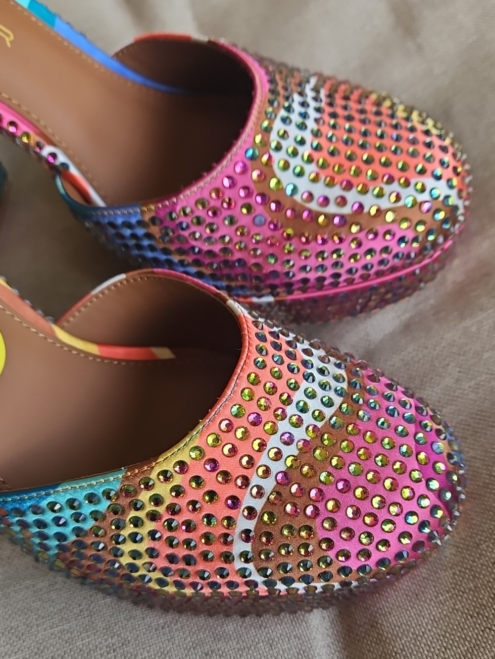 KURT GEIGER Shoreditch Platform Heel Multi Swirl Rainbow Embellished Ankle Strap - Picture 3 of 8